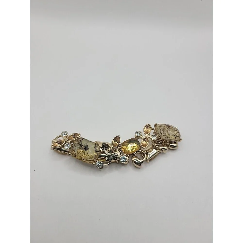 Napier Bracelet Gold Tone Amber Glass Rhinestone Link Statement Vintage Style - Picture 6 of 10